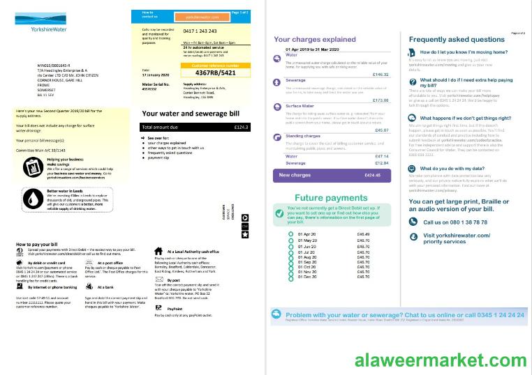 United Kingdom Yorkshire water utility bill template in Word and PDF format (2 pages)